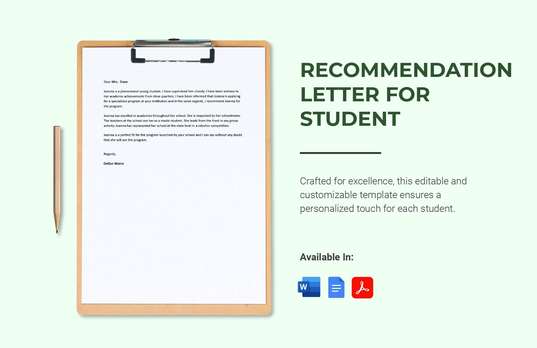 Recommendation Letter for Student in Word, Google Docs, PDF