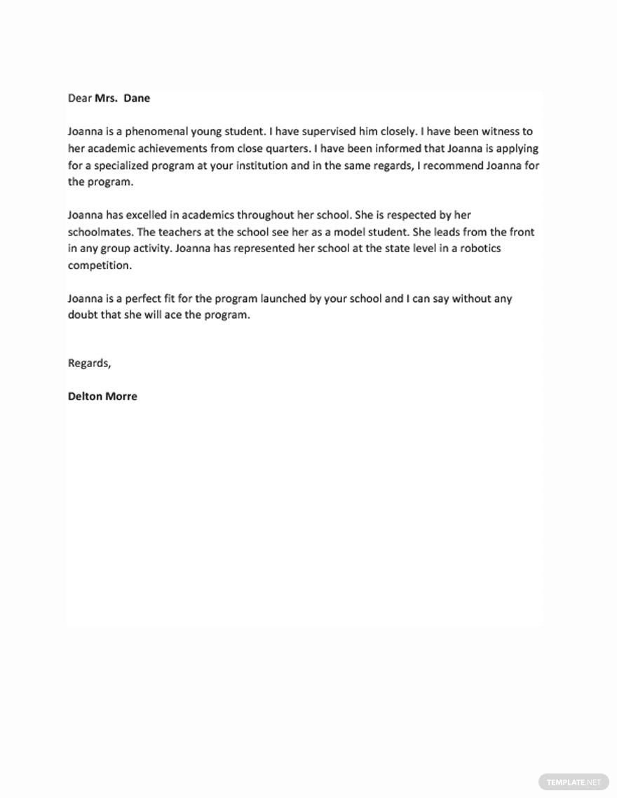Recommendation Letter Template for Student