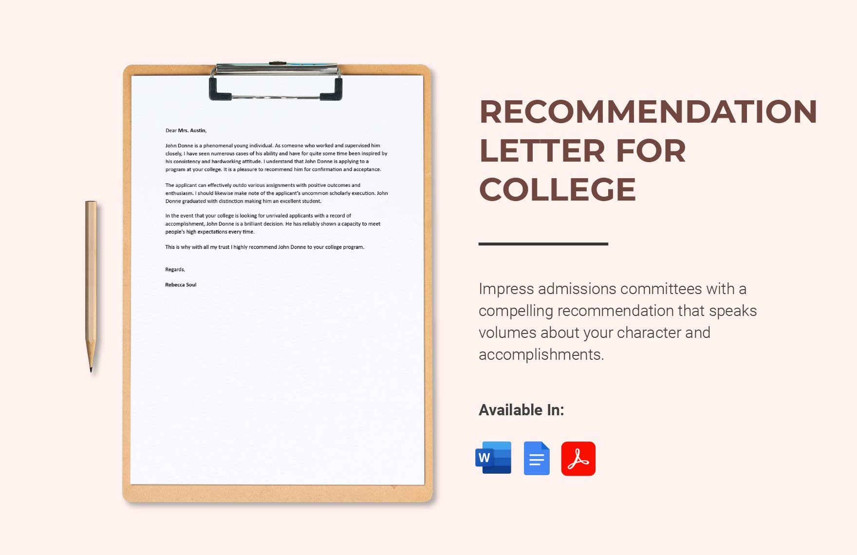 Recommendation Letter for College in Word, Google Docs, PDF