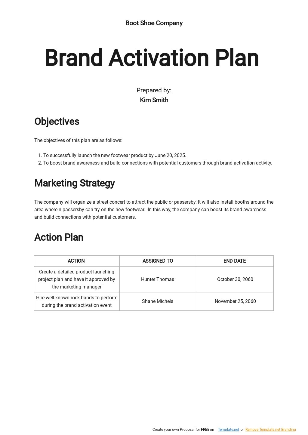 One Page Brand Activation Plan Template