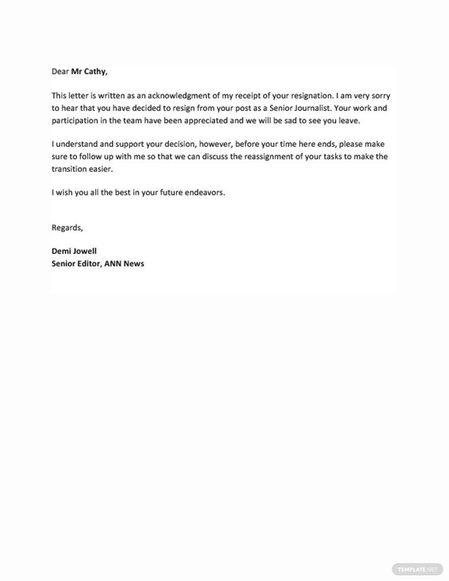 Acknowledgement of Resignation Letter Template in Word, Google Docs, PDF, Apple Pages