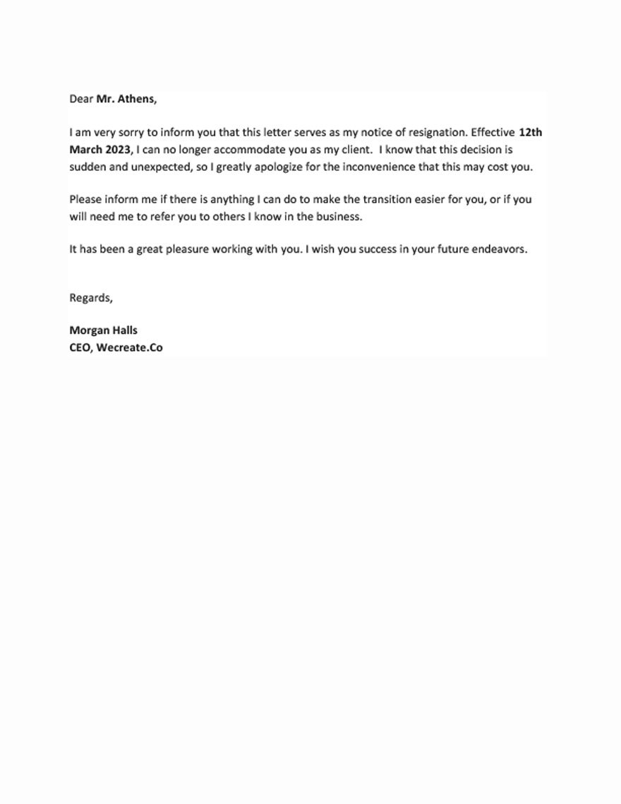 Resignation Letter to Client Template
