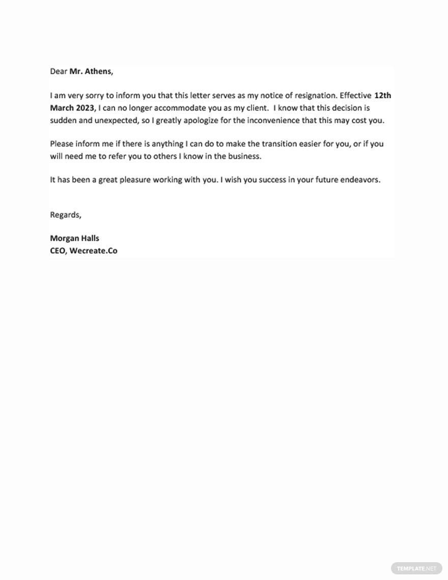 Resignation Letter to Client Template