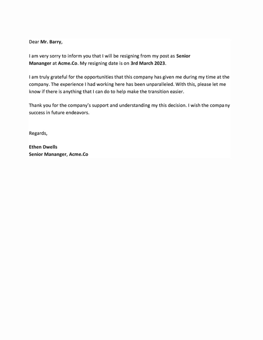 Resignation Letter to Company Template