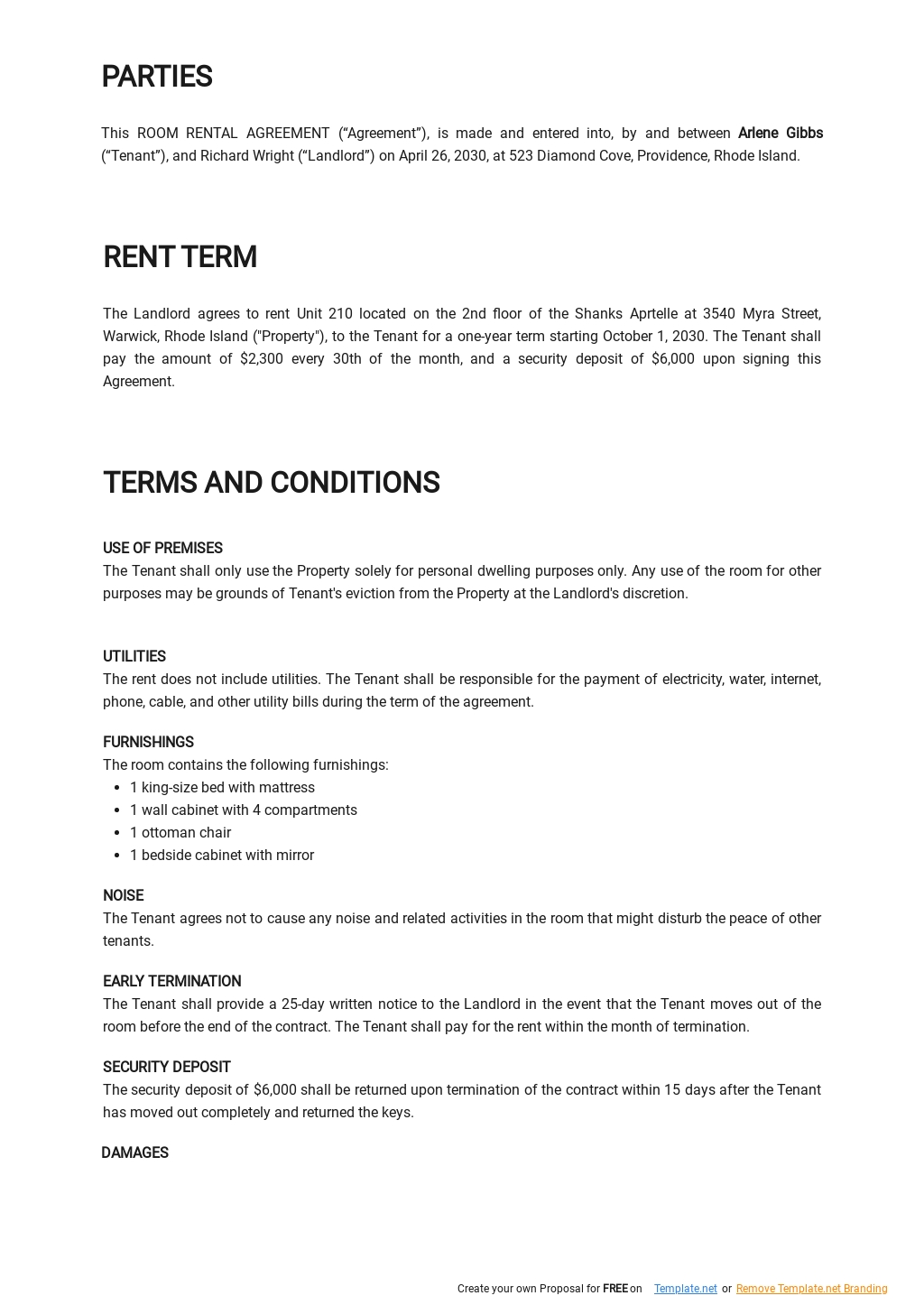 Free Sample Room Rental Lease Agreement Template - Google Docs, Word ...