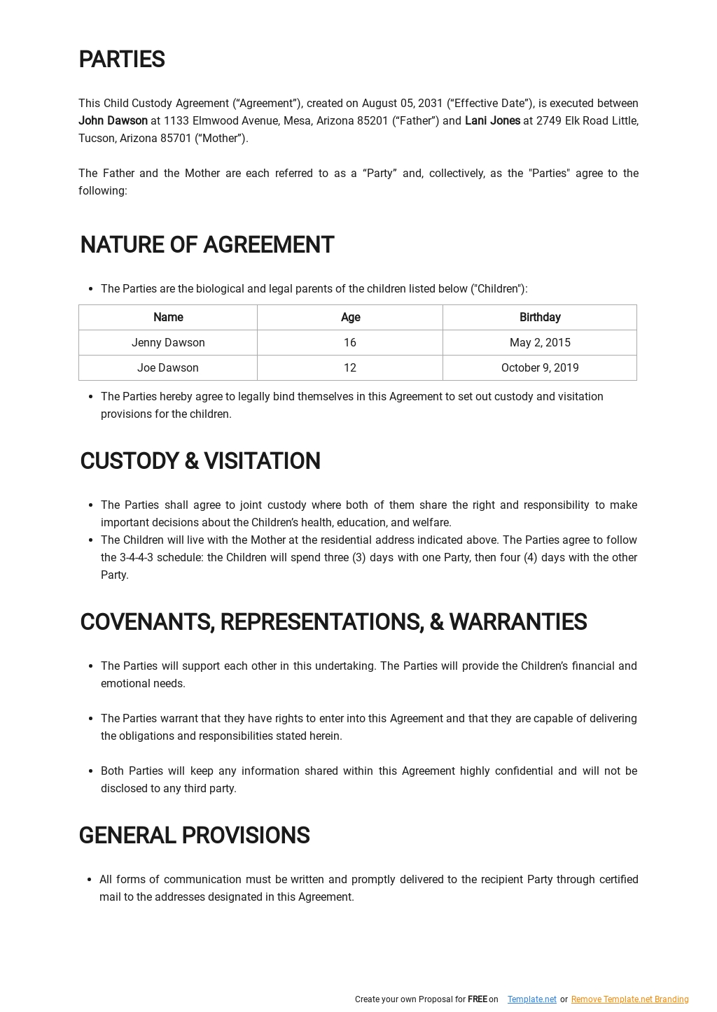 Sample Custody Agreement Template 2868