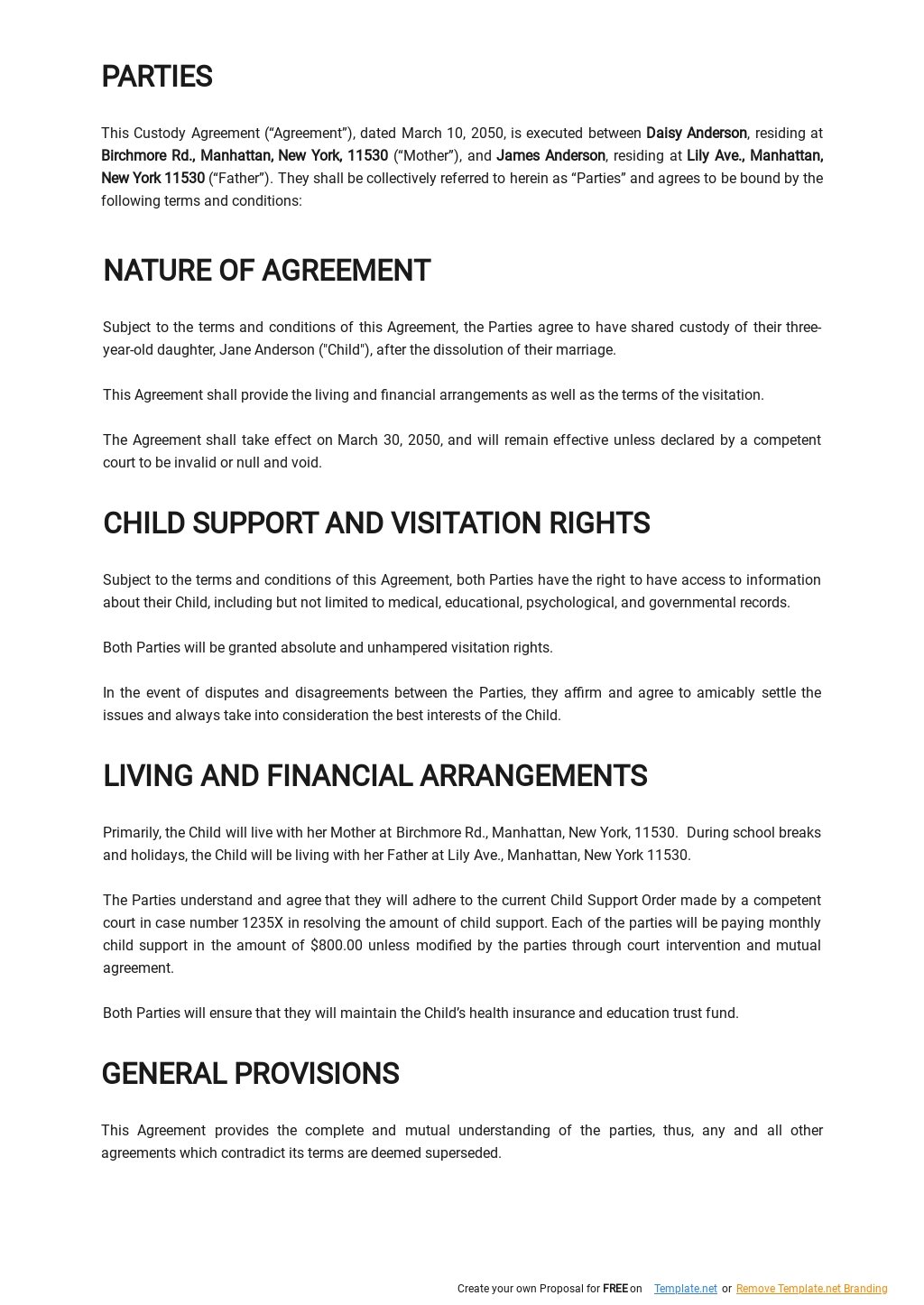 Free Sample Custody Agreement Template Google Docs Word Apple Pages