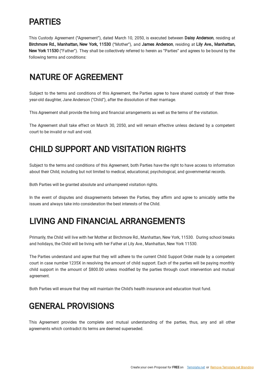 Free Sample Custody Agreement Template Google Docs Word Apple Pages