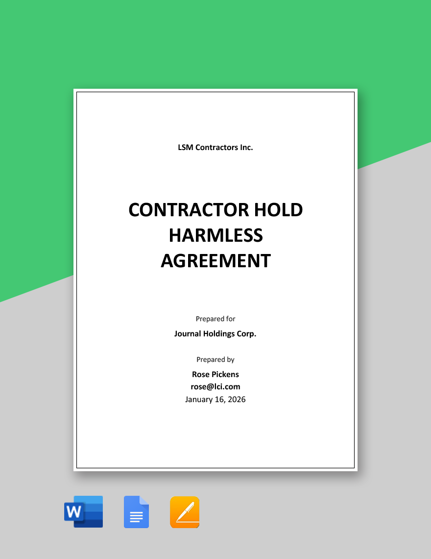 Contractor Hold Harmless Agreement Template