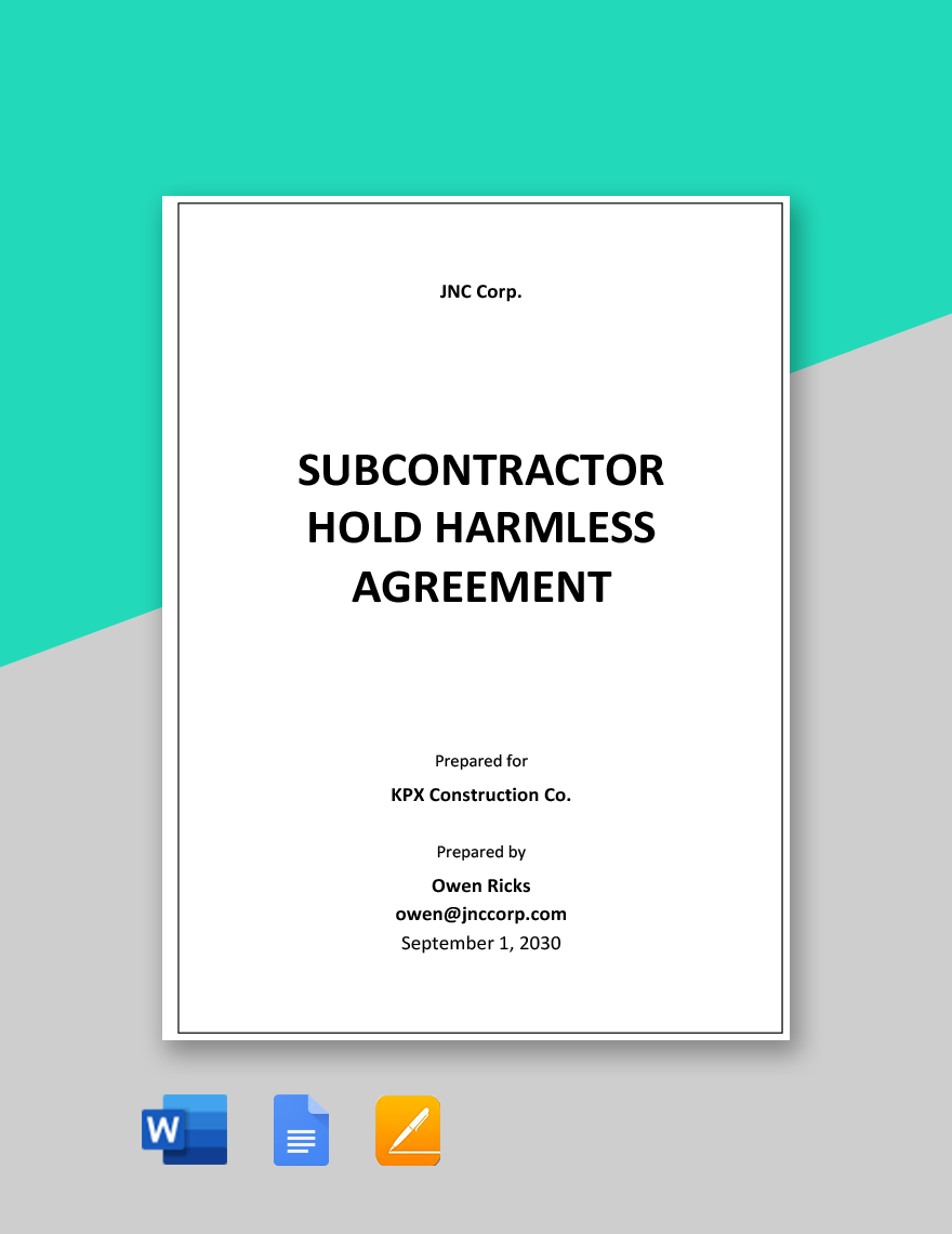 Sample Subcontractor Hold Harmless Agreement Template