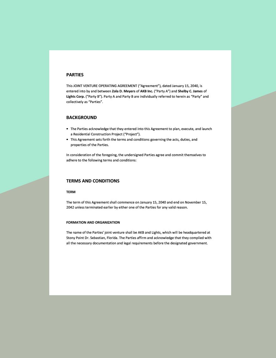 Joint Venture Operating Agreement Template