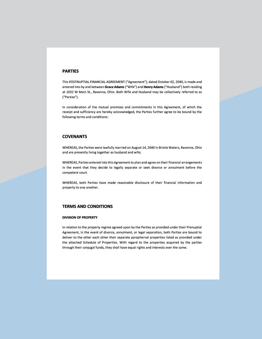 Postnuptial Financial Agreement Template