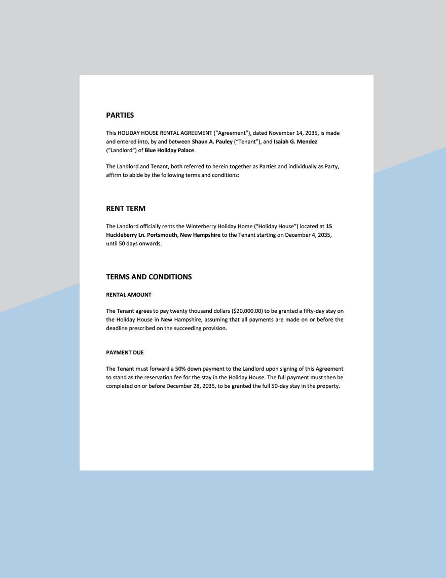 Holiday House Rental Agreement Template