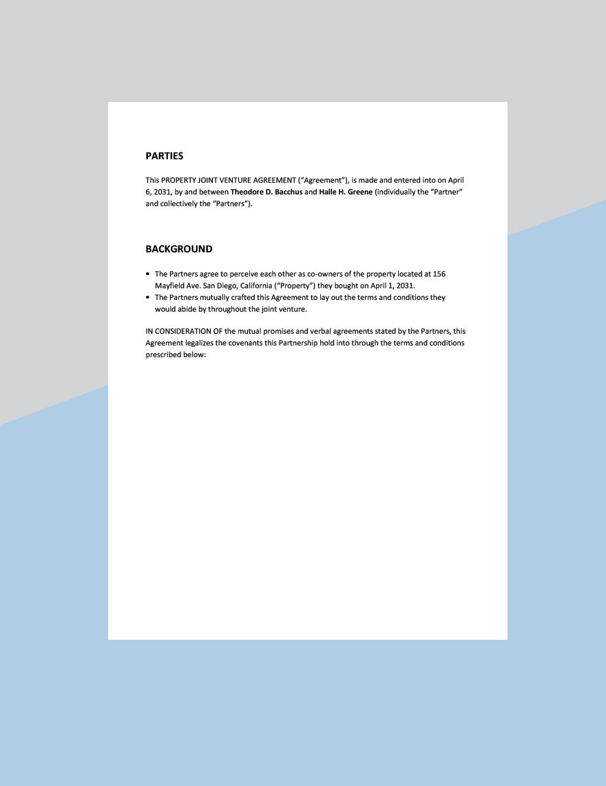 Property Joint Venture Agreement Template