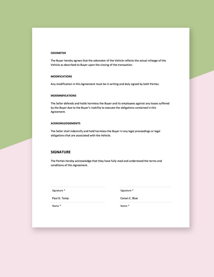 Simple Car Purchase Agreement Template