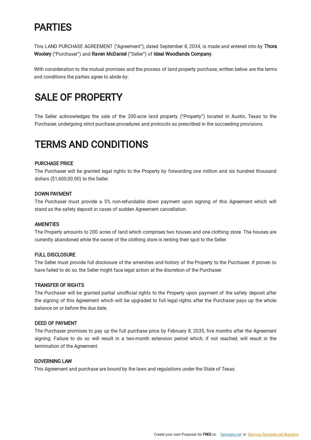 Simple Land Purchase Agreement Template Free PDF Google Docs Word