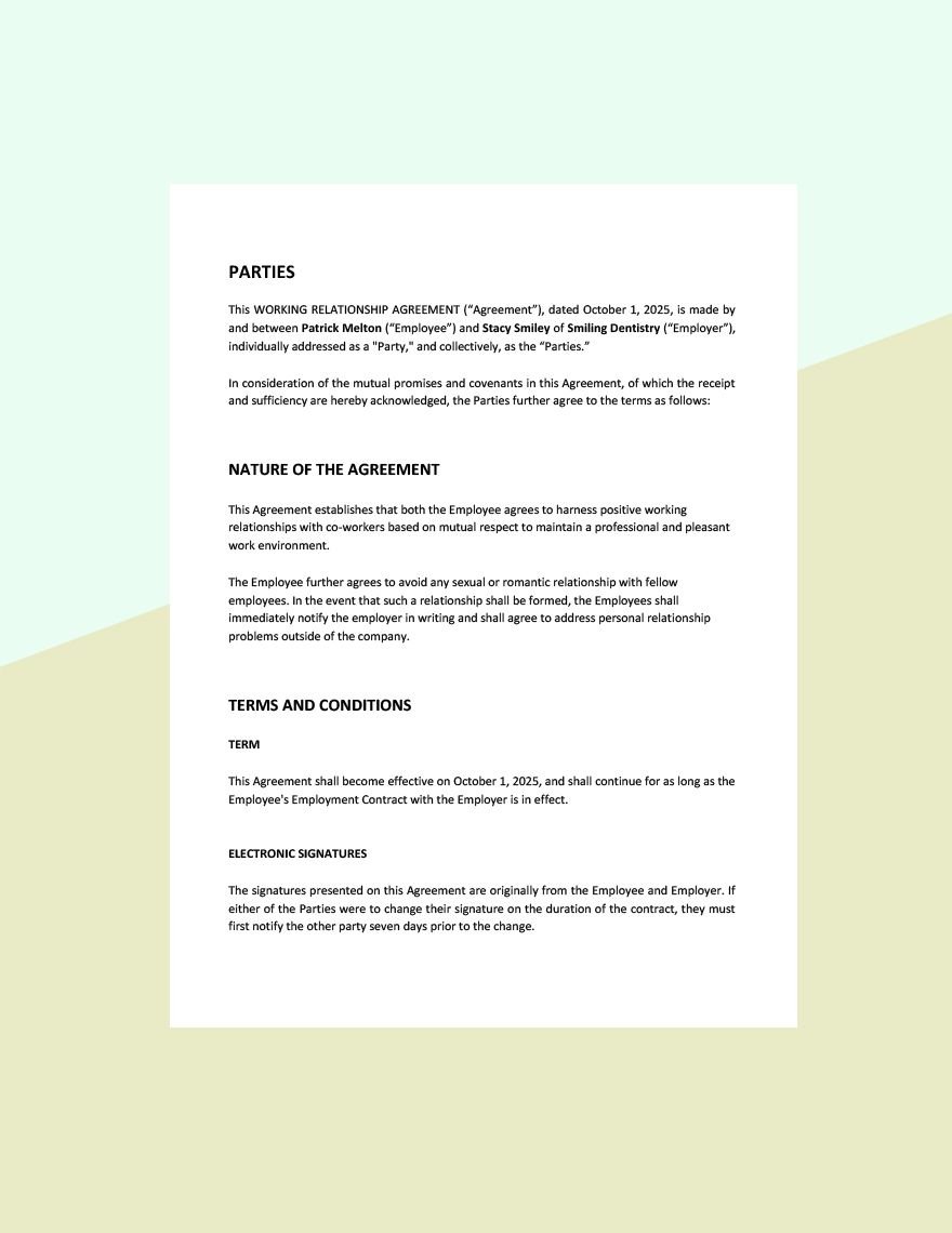 Working Relationship Agreement Template