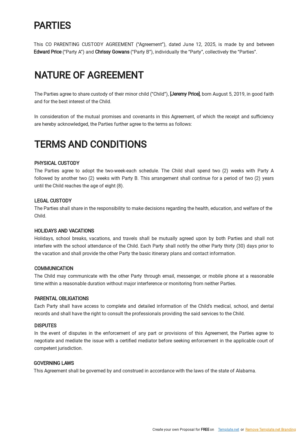 Printable Co Parenting Agreement Template