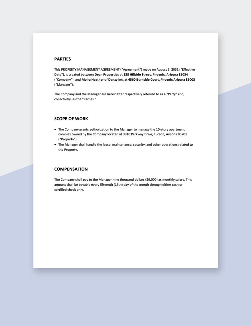 Vacation Rental Property Management Agreement Template