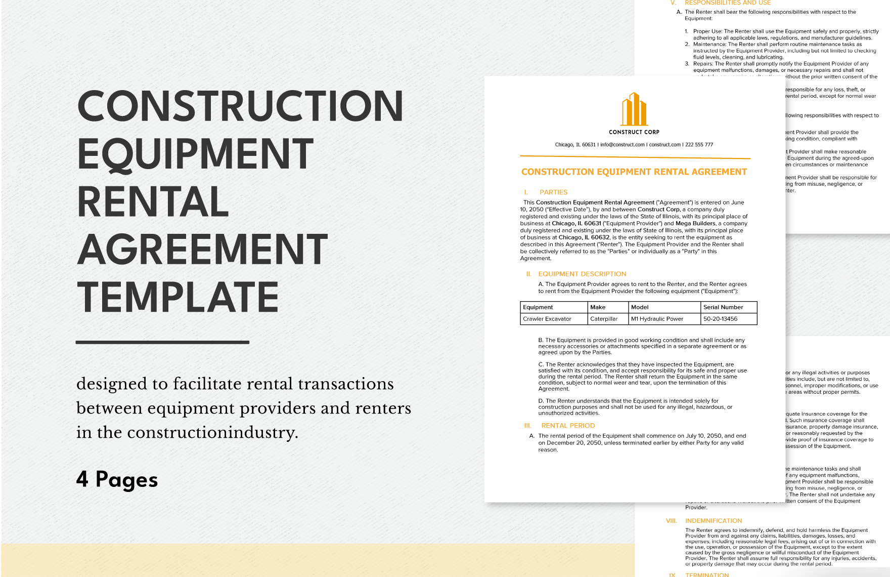 Construction Equipment Rental Agreement Template