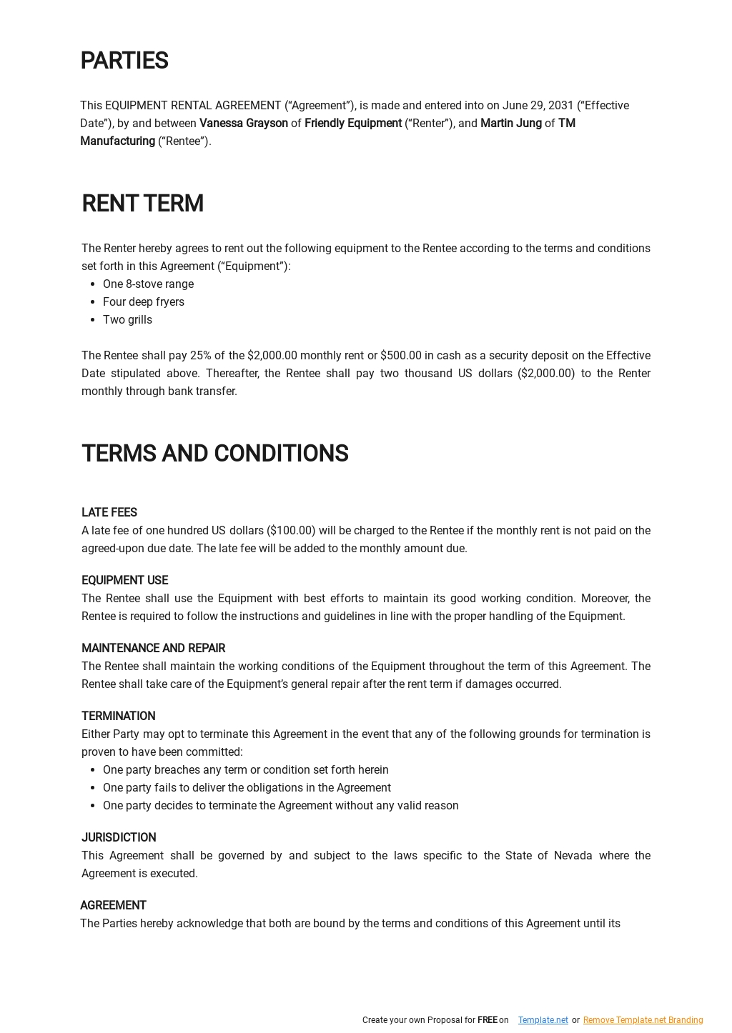 Free Small Equipment Rental Agreement Template Google Docs, Word