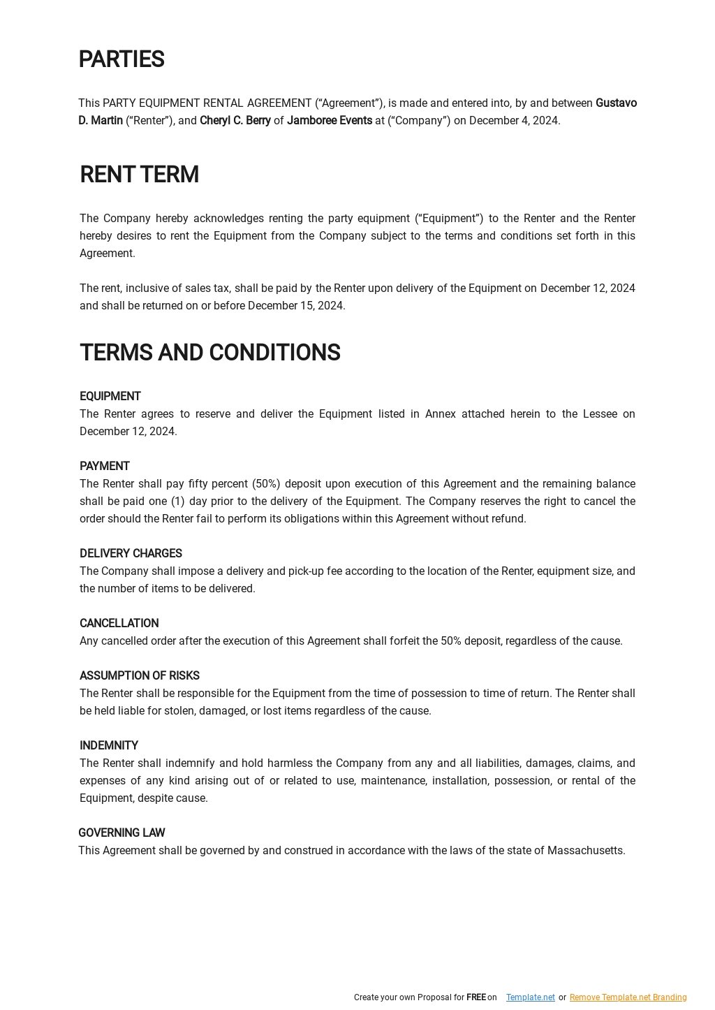 Party Equipment Rental Agreement Template in Google Docs Word