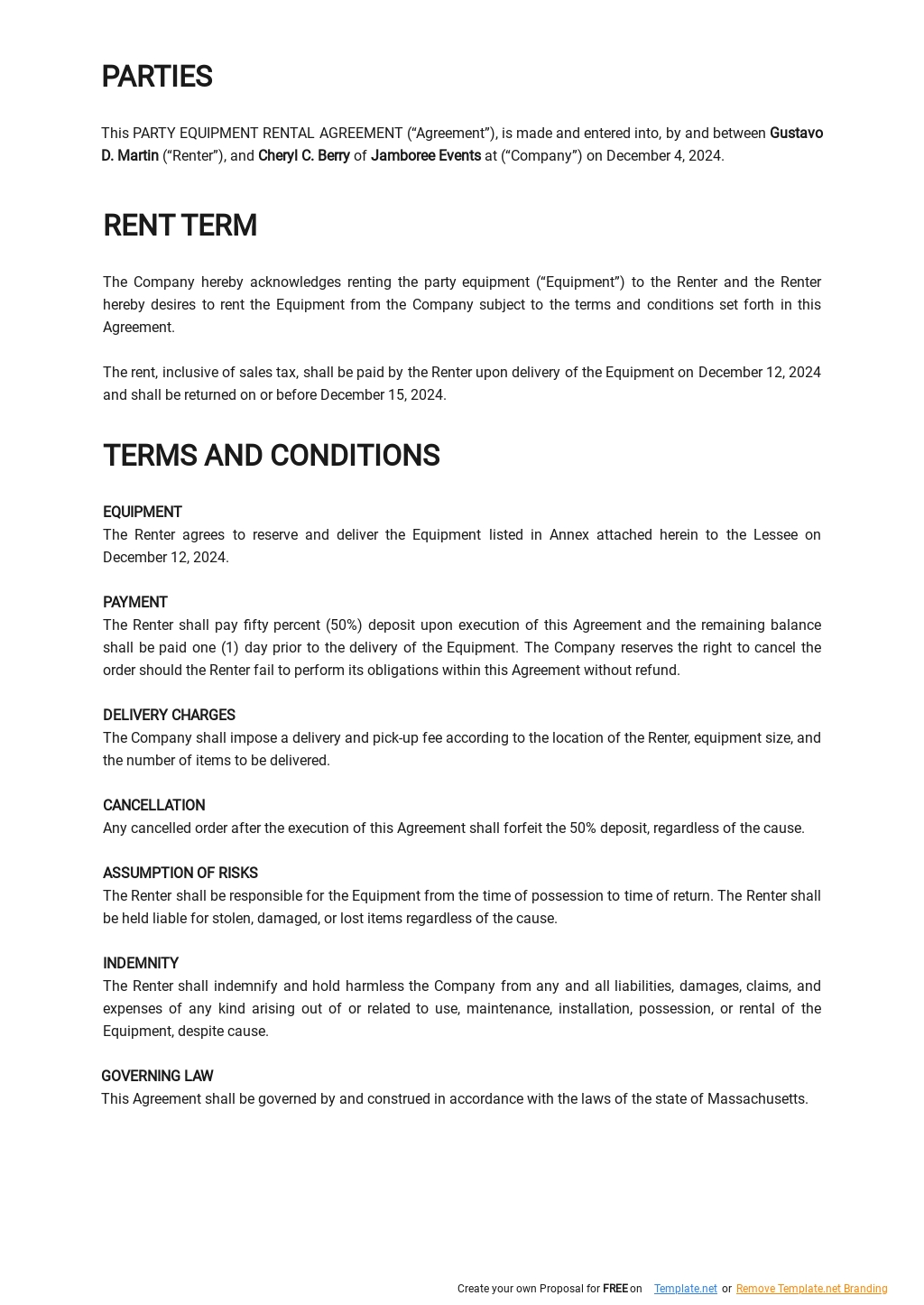 Party Equipment Rental Agreement Template