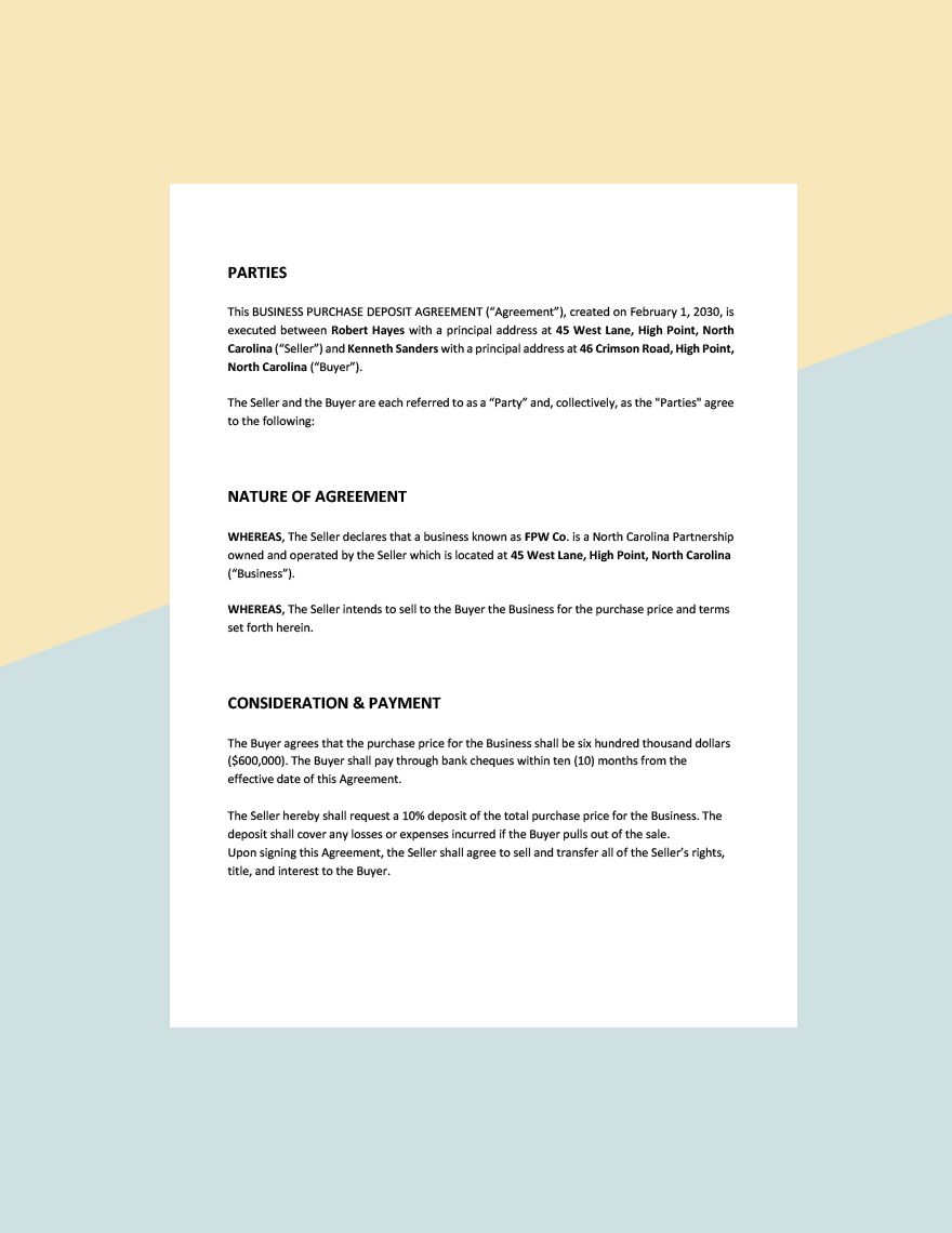 Business Purchase Deposit Agreement Template