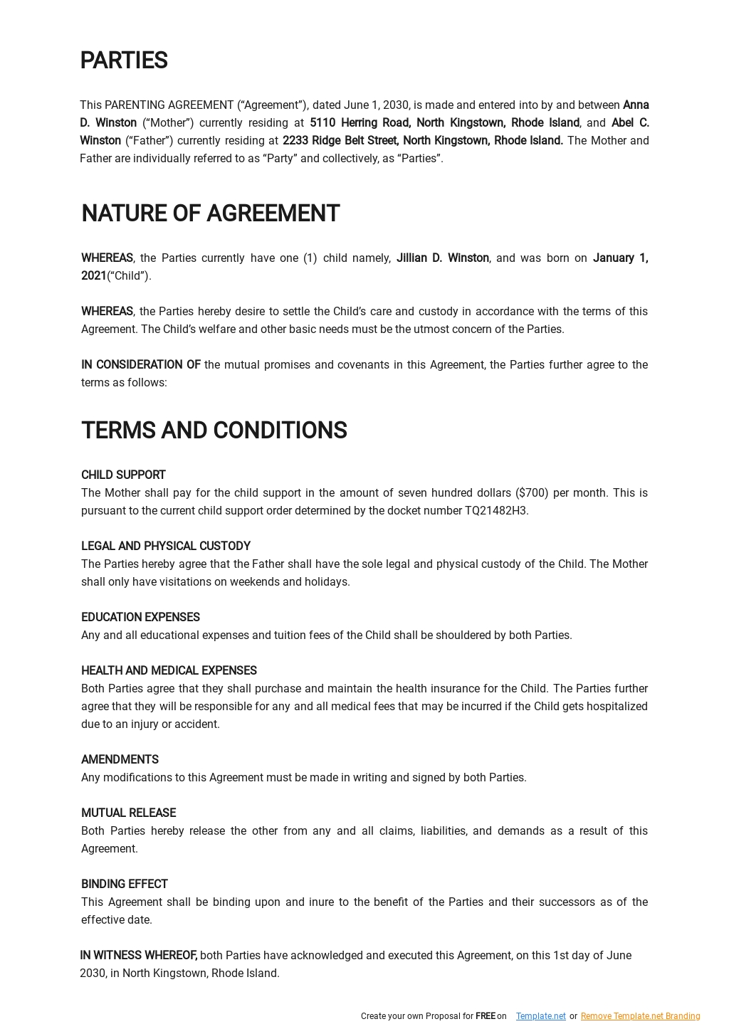 Free Basic Parenting Agreement Template Google Docs Word Apple 