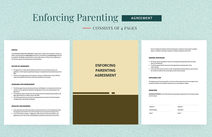 Enforcing Parenting Agreement Template in Word, Google Docs, PDF, Apple Pages