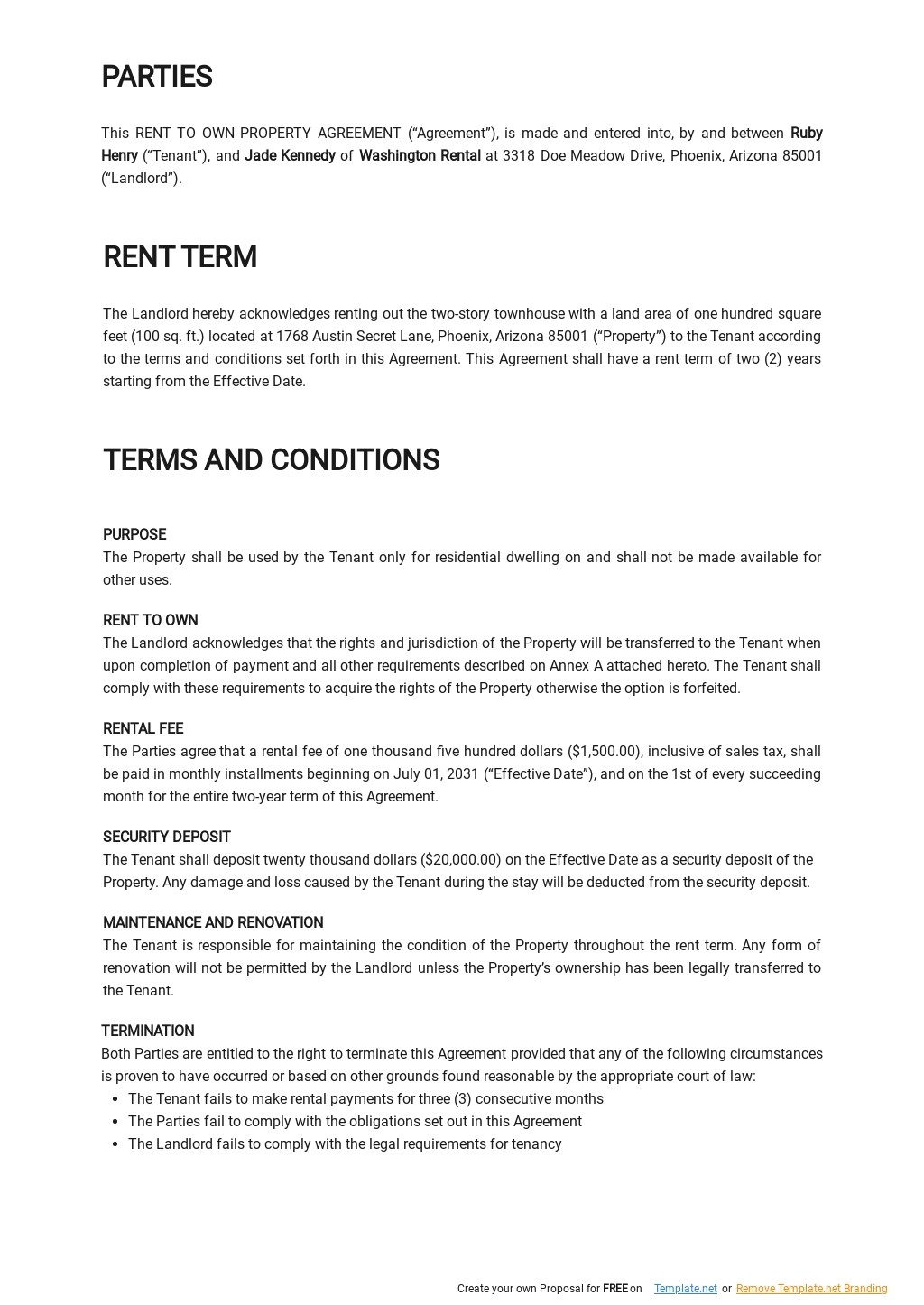 Rent To Own Property Agreement Template Google Docs, Word
