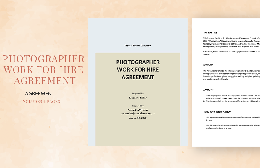 Photographer Work For Hire Agreement Template  in Word, Google Docs, PDF, Apple Pages