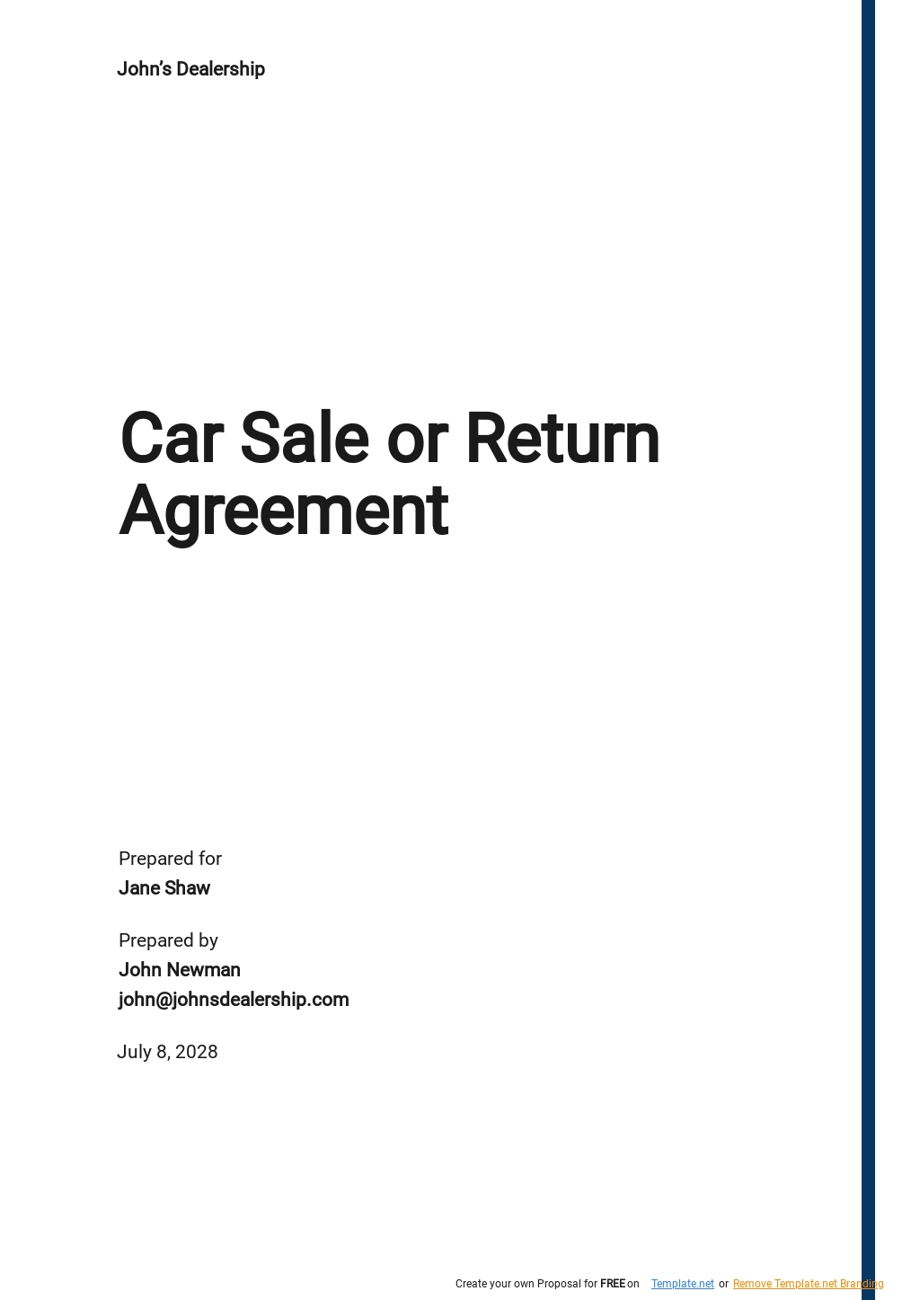 Car Sale Or Return Agreement Template Google Docs Word Template Net
