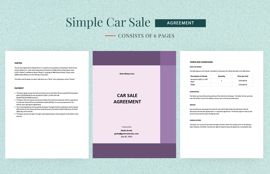 Simple Car Sale Agreement Template