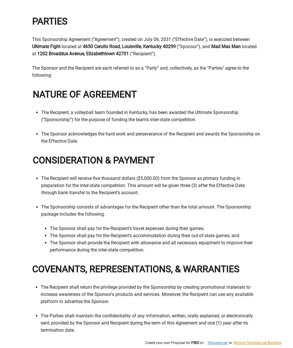 Sports Sponsorship Agreement Template  Template.net In athlete sponsorship agreement template