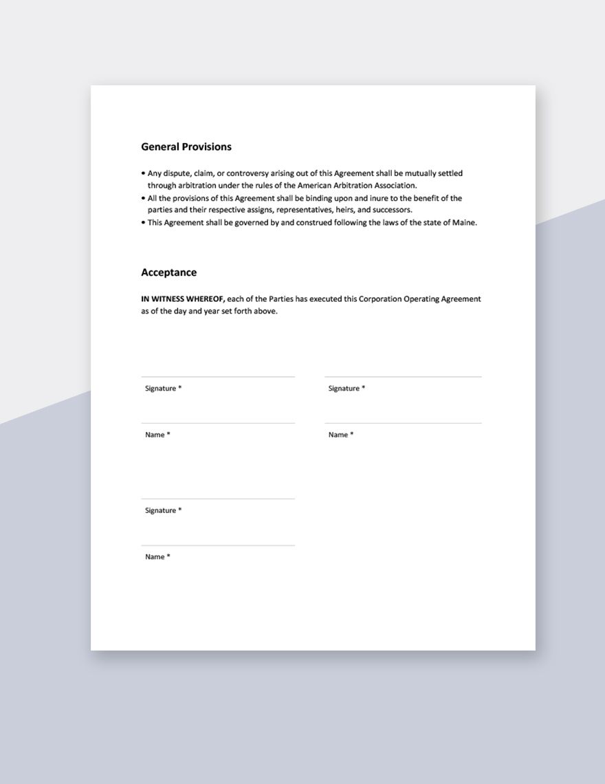 Corporation Operating Agreement Template