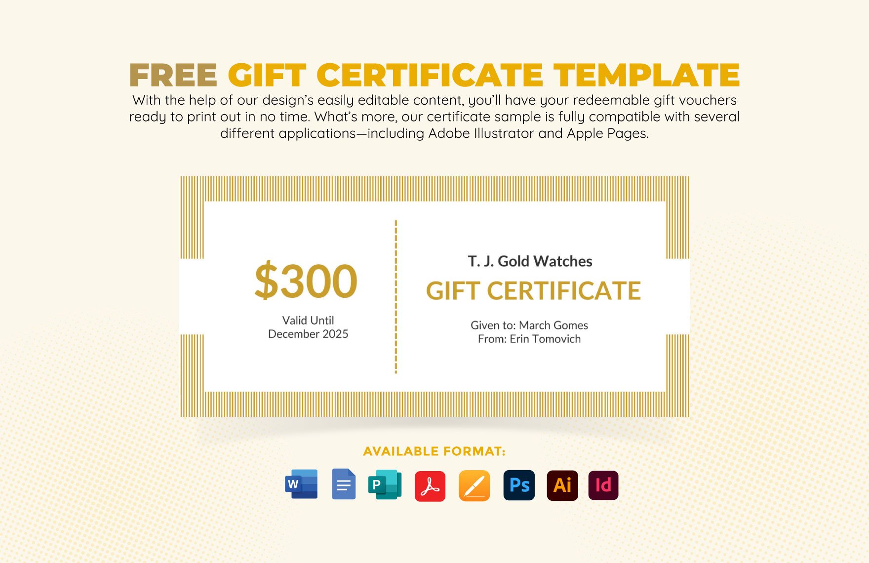 Gift Certificate Template in Word, Google Docs, PDF, Illustrator, PSD, Apple Pages, Publisher, InDesign