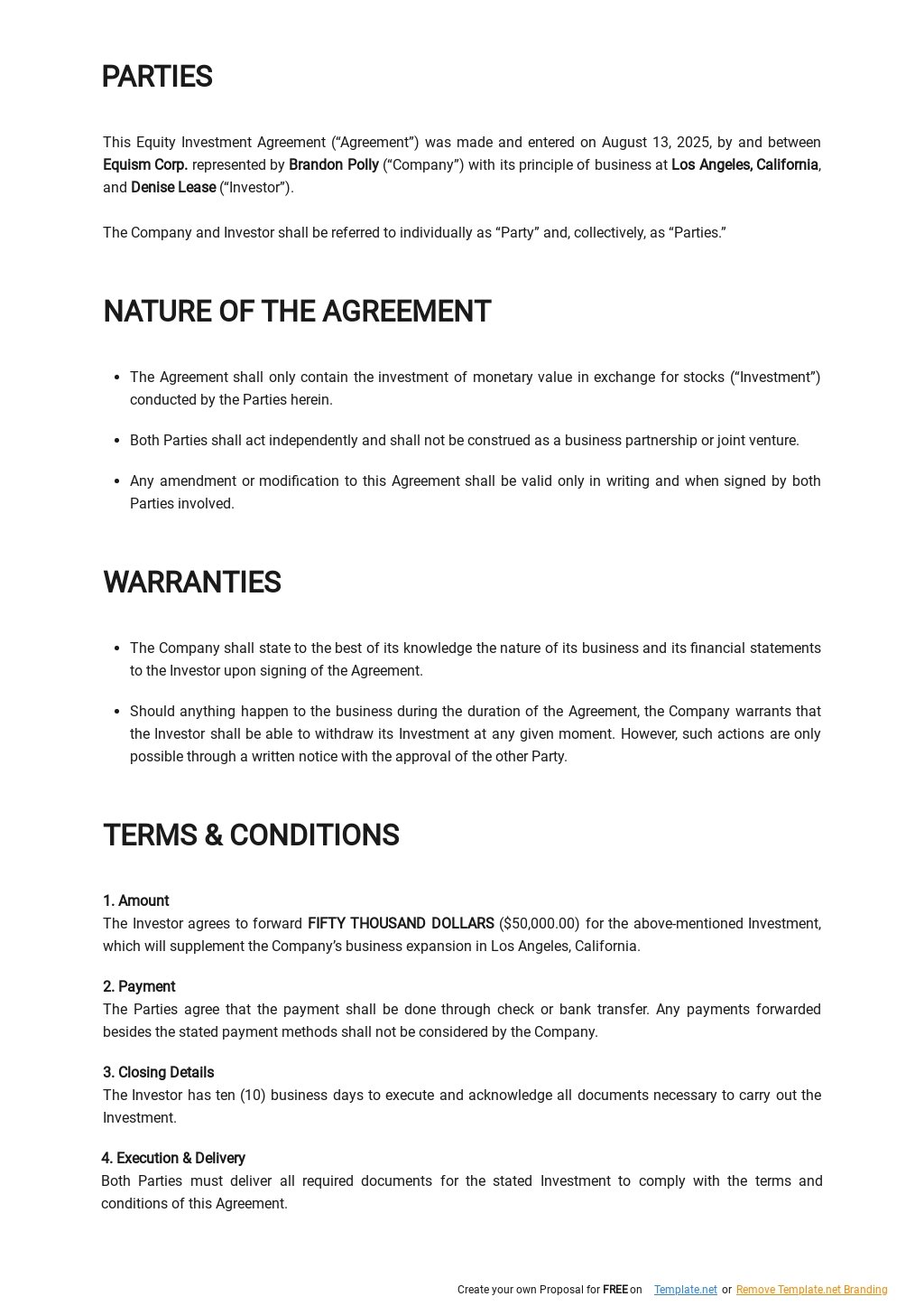 Equity Investment Agreement Template in Google Docs, Word