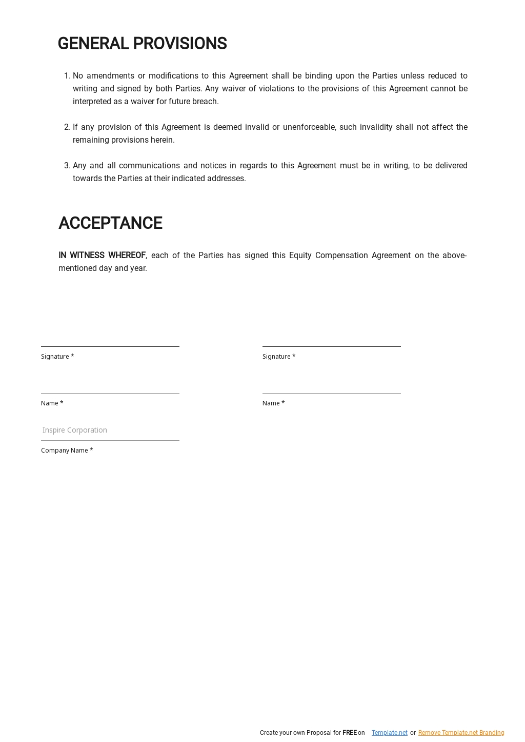 Equity Compensation Agreement Template Google Docs, Word