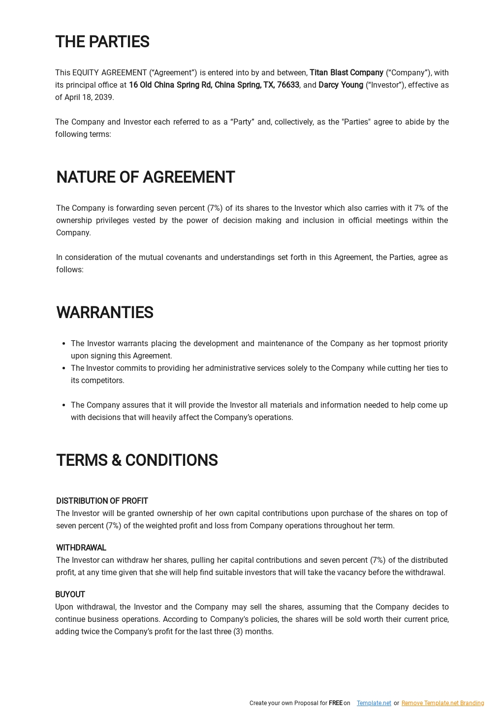 Simple Equity Agreement Template