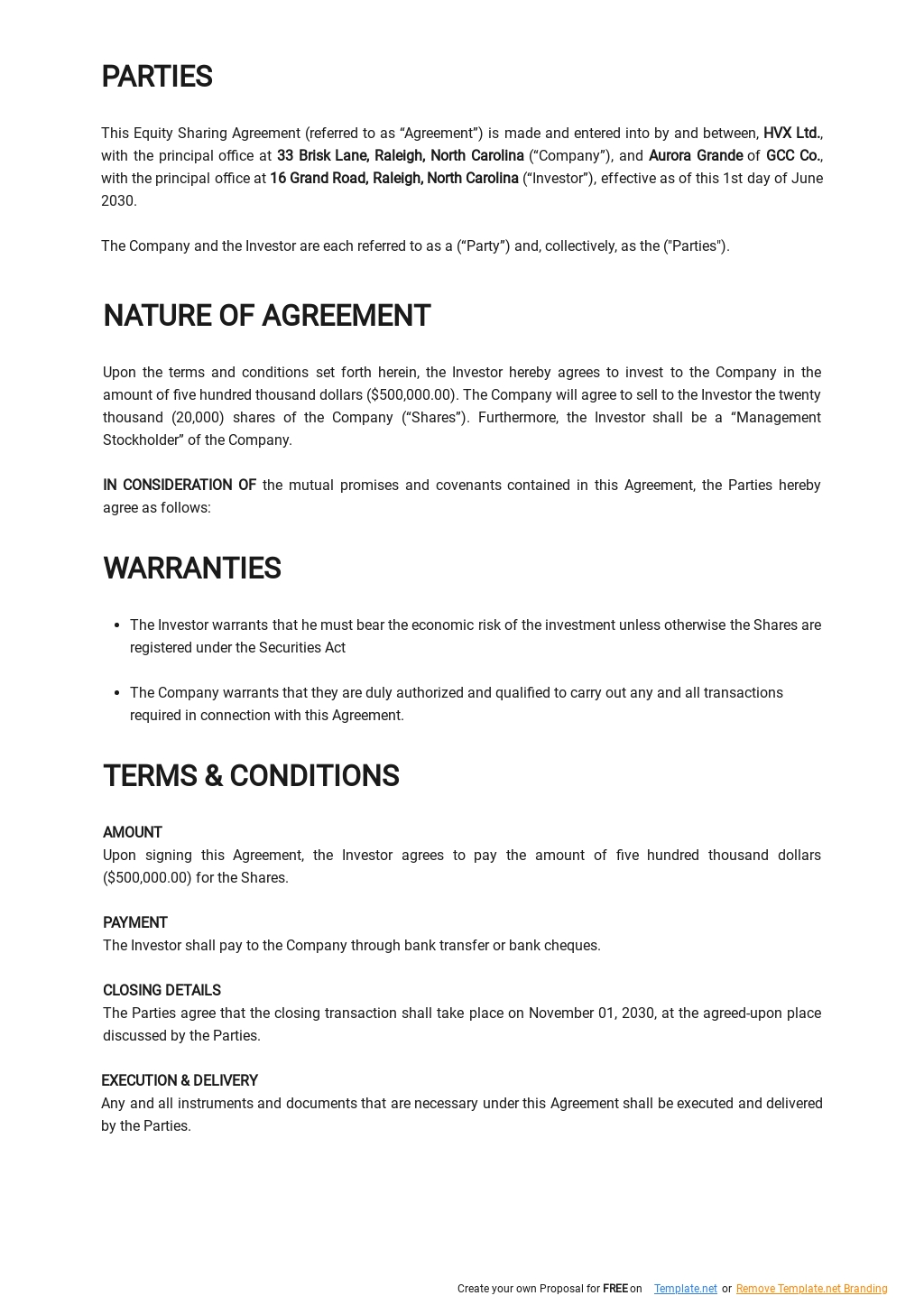 Equity Agreement Template Google Docs, Word, Apple Pages