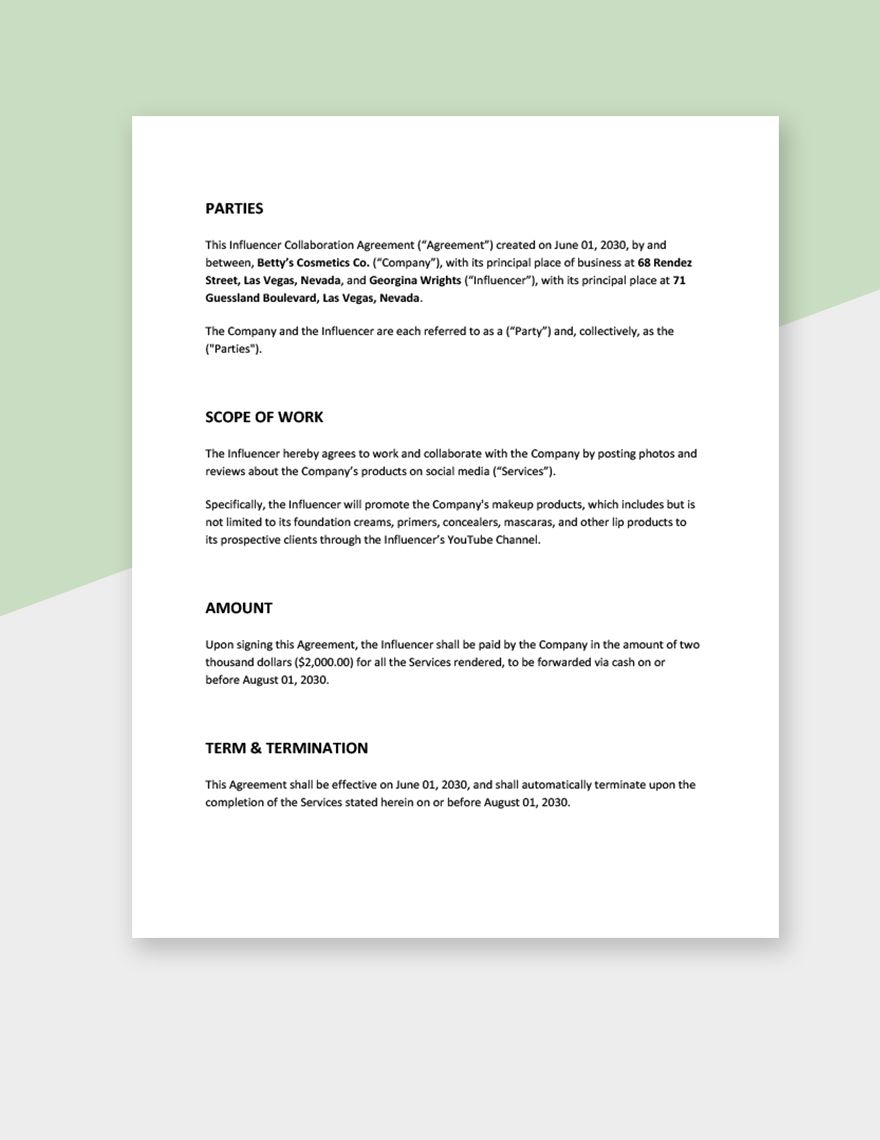 Influencer Collaboration Agreement Template in Word Google Docs Pages