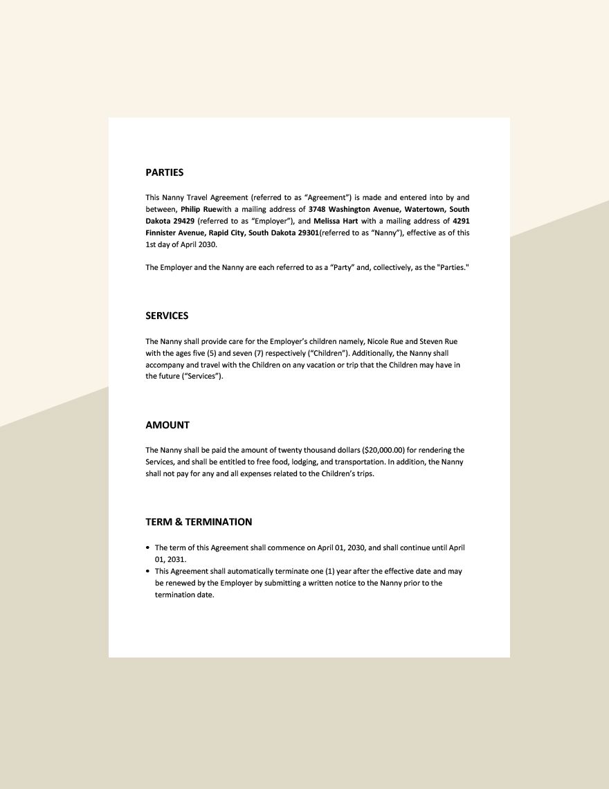 Nanny Travel Agreement Template