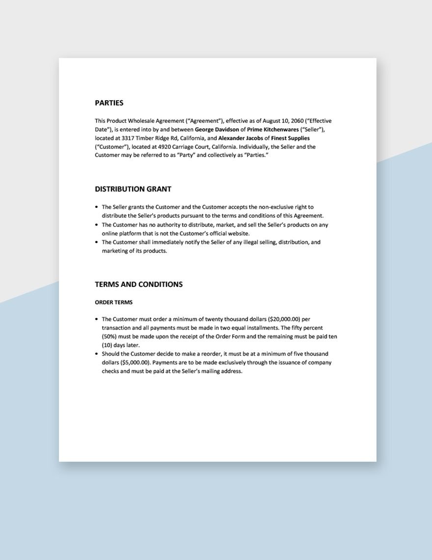 Product Wholesale Agreement Template 