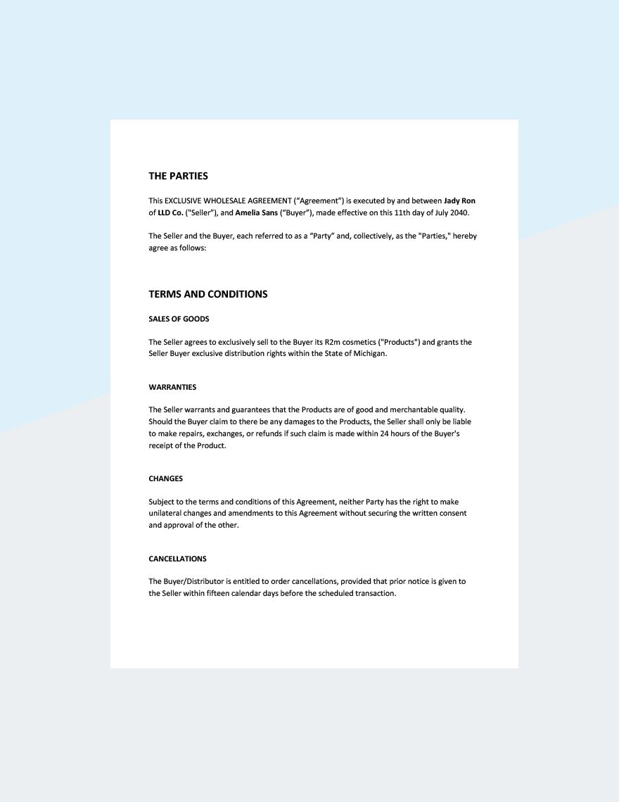 Exclusive Wholesale Agreement Template