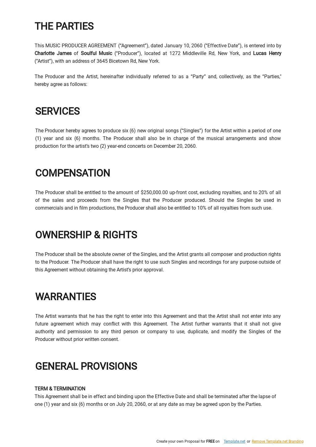Music Producer Agreement Template