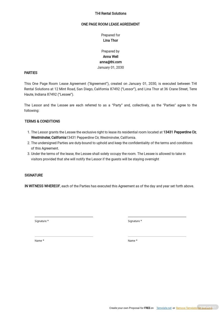Free One Page Room Lease Agreement Template.jpe