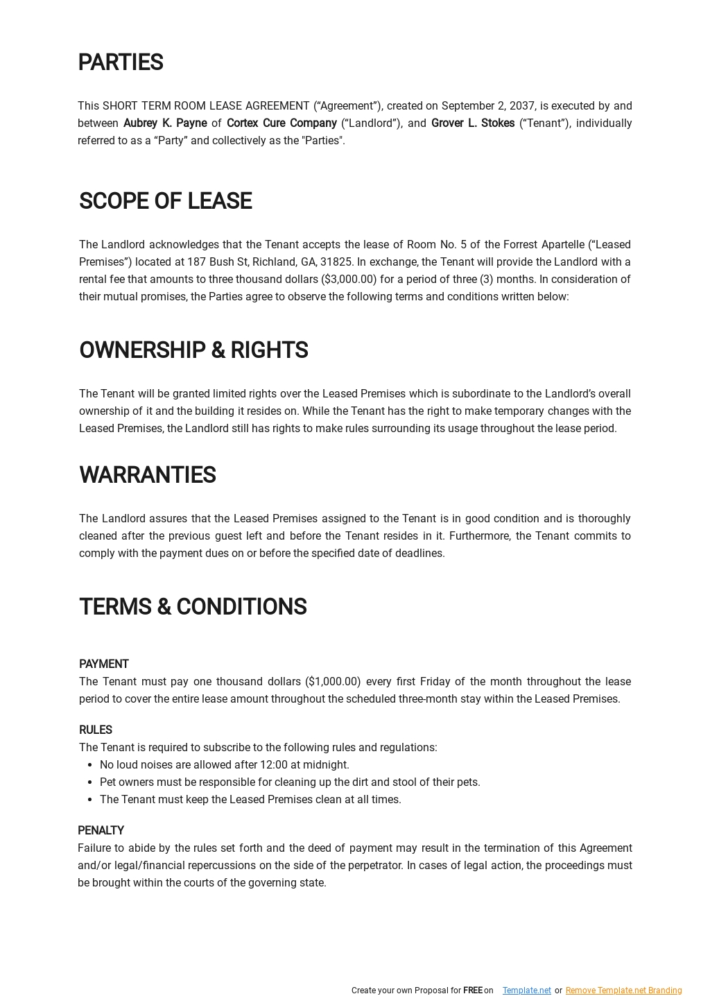 Short Term Room Lease Agreement Template in Google Docs, Word ...