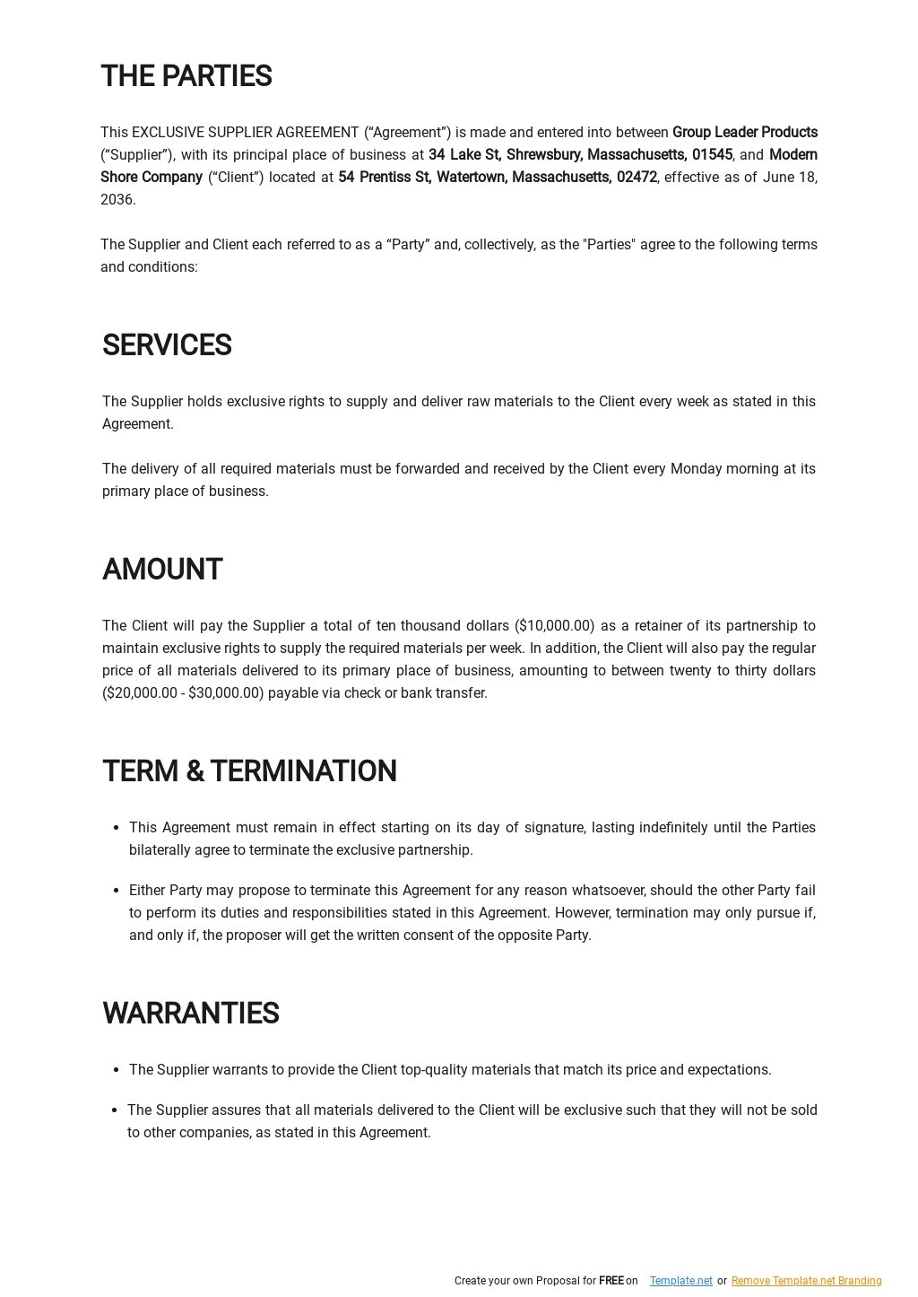 Exclusive Supplier Agreement Template