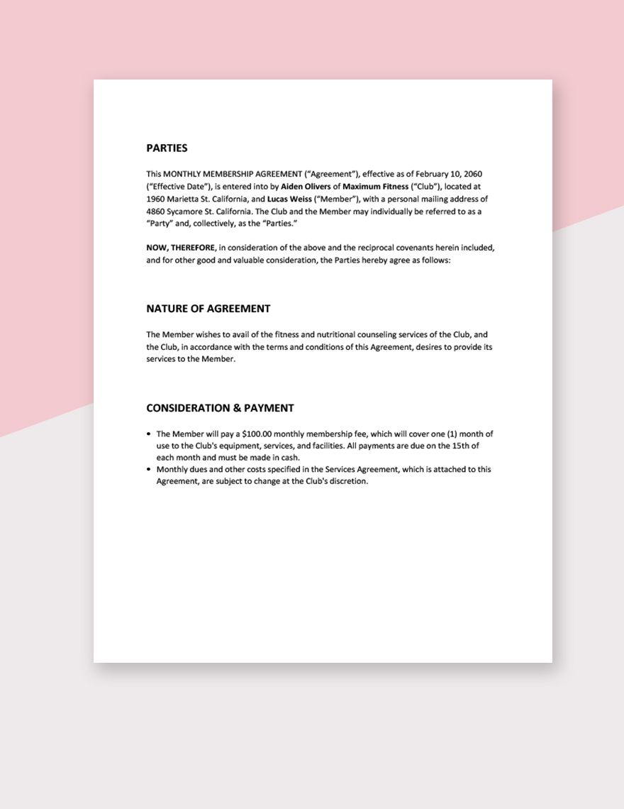 Monthly Membership Agreement Template